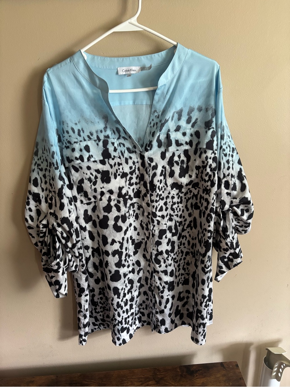 Calvin Klein Light Blue to Black Leopard-Print Button Tunic